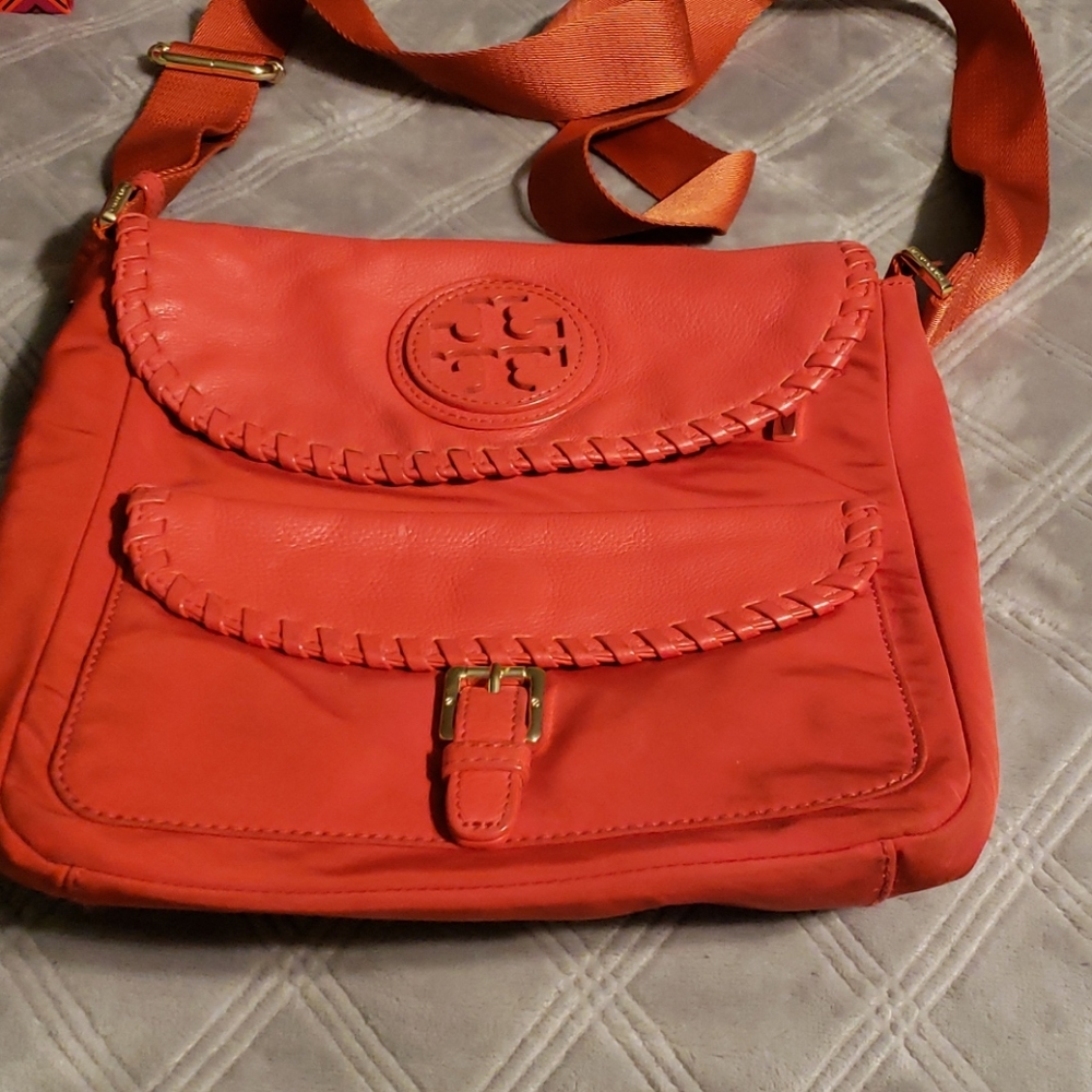 Tory Burch orange crossbody nylon and leather bag